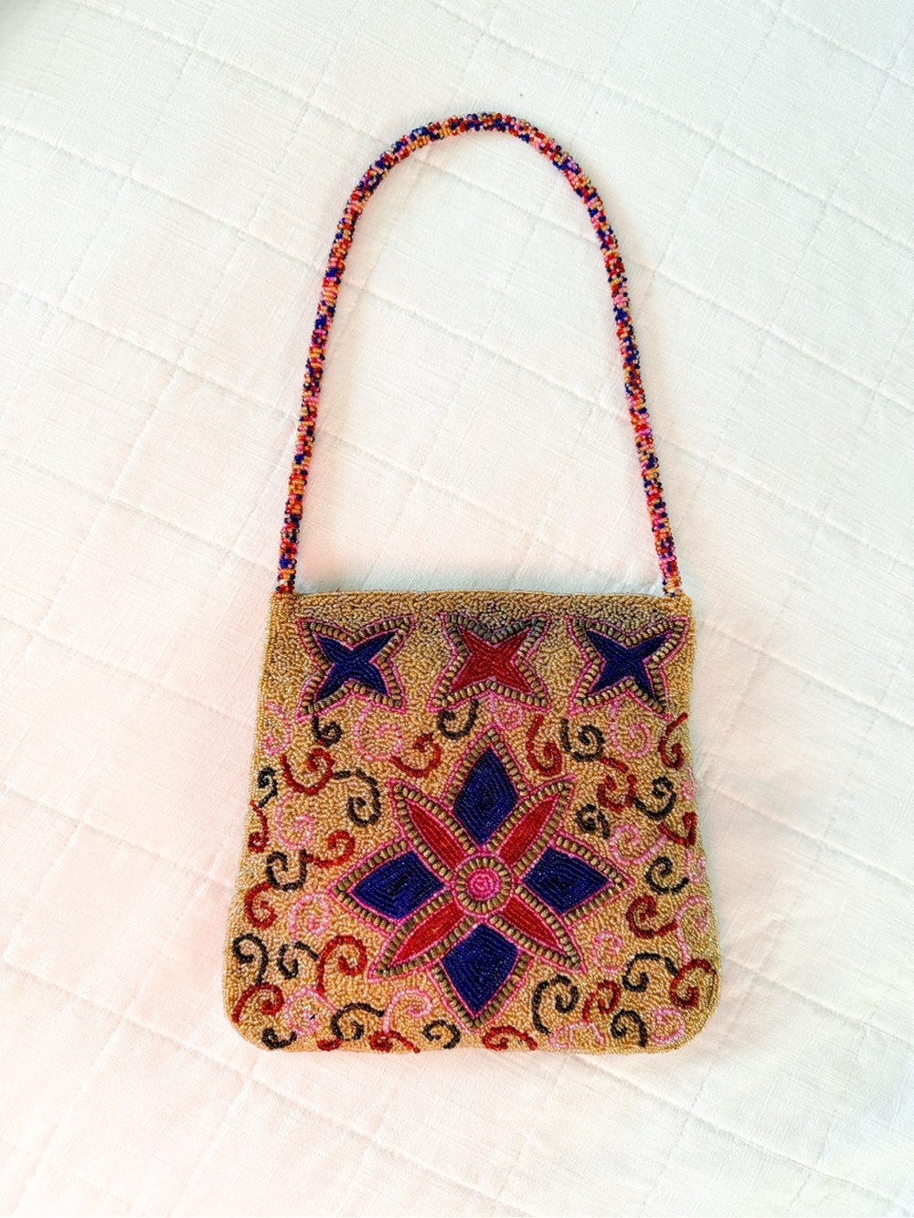 Vintage Gold Microbeaded Shoulder Bag Colorful Floral Beadwork